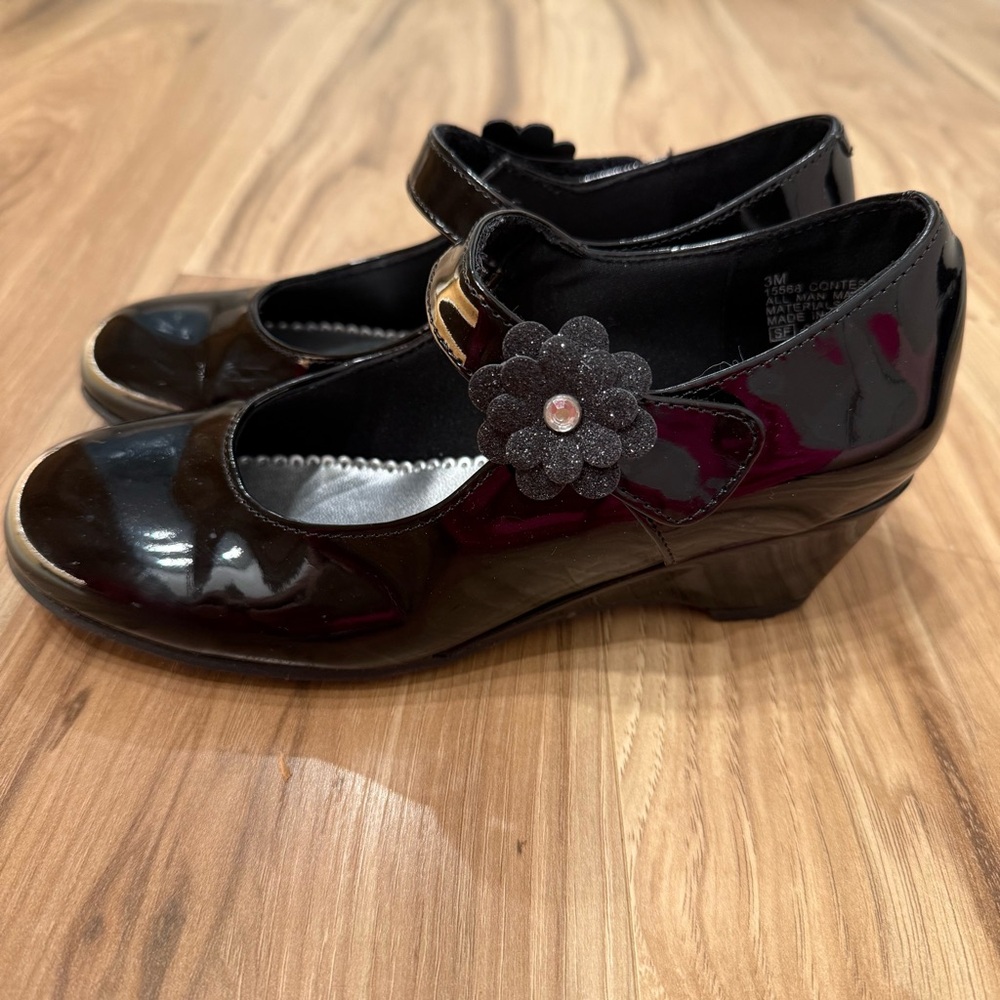 Rachel Shoes Black Patent Mary Jane with Floral Accent